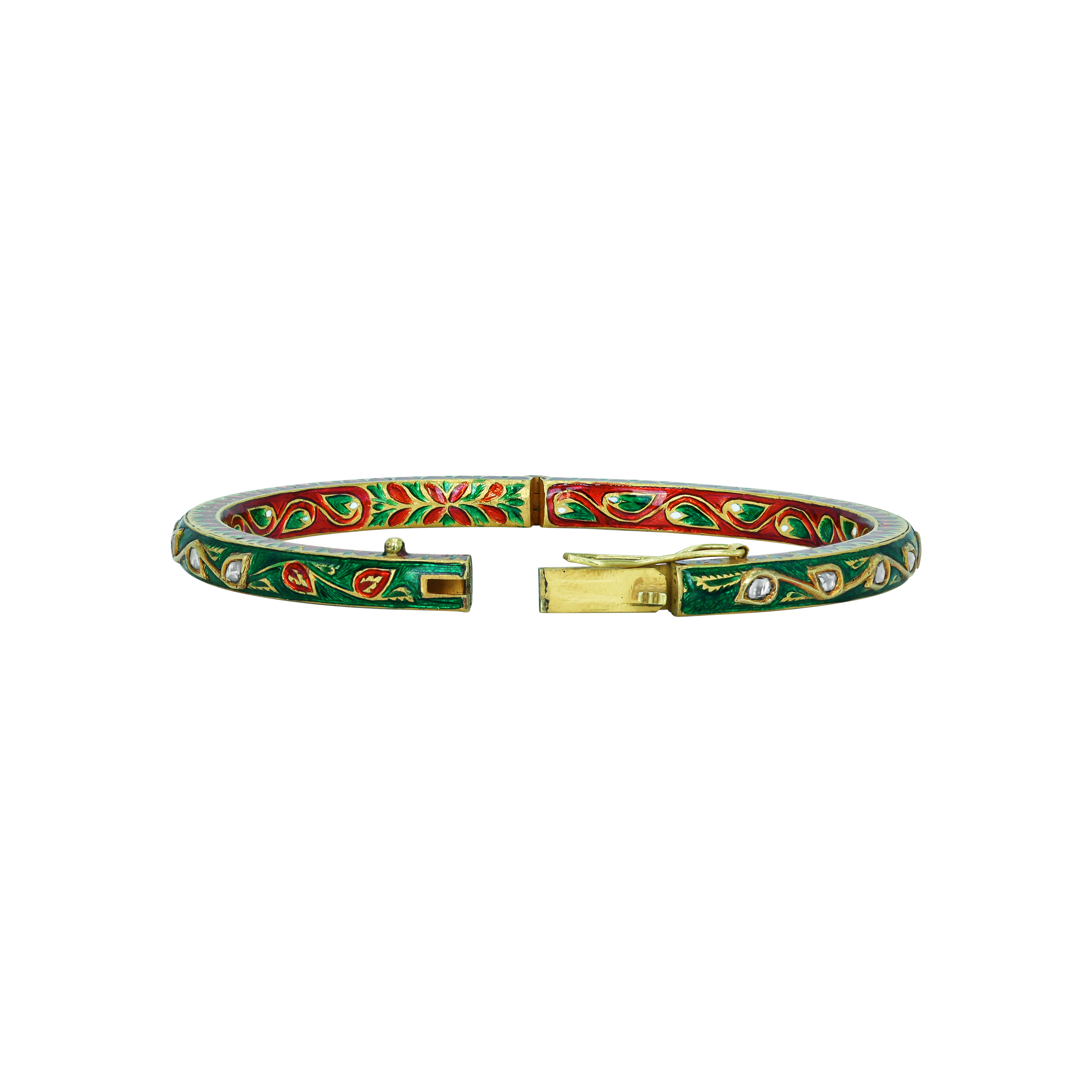 Polki Bangle with Green and Red Enamel Floral Design